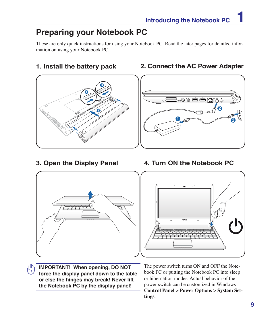 Preparing your notebook pc | Asus UL30A User Manual | Page 9 / 82