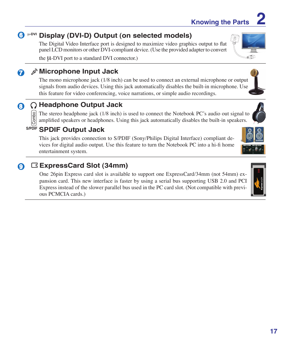 17 knowing the parts, Microphone input jack, Display (dvi-d) output (on selected models) | Expresscard slot (34mm), Spdif output jack, Headphone output jack | Asus U2E User Manual | Page 17 / 85