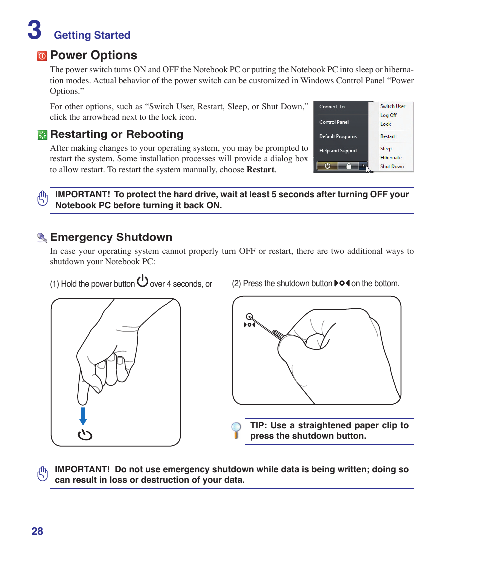 Power options | Asus U2E User Manual | Page 28 / 85