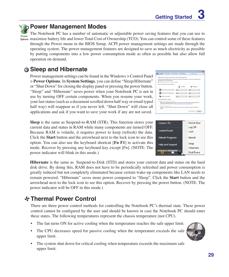 Power management modes, Sleep and hibernate, Thermal power control | Asus U2E User Manual | Page 29 / 85