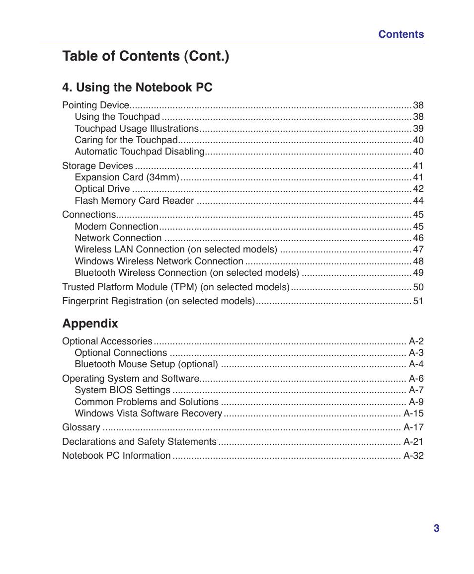 Table of contents (cont.), Appendix | Asus U2E User Manual | Page 3 / 85