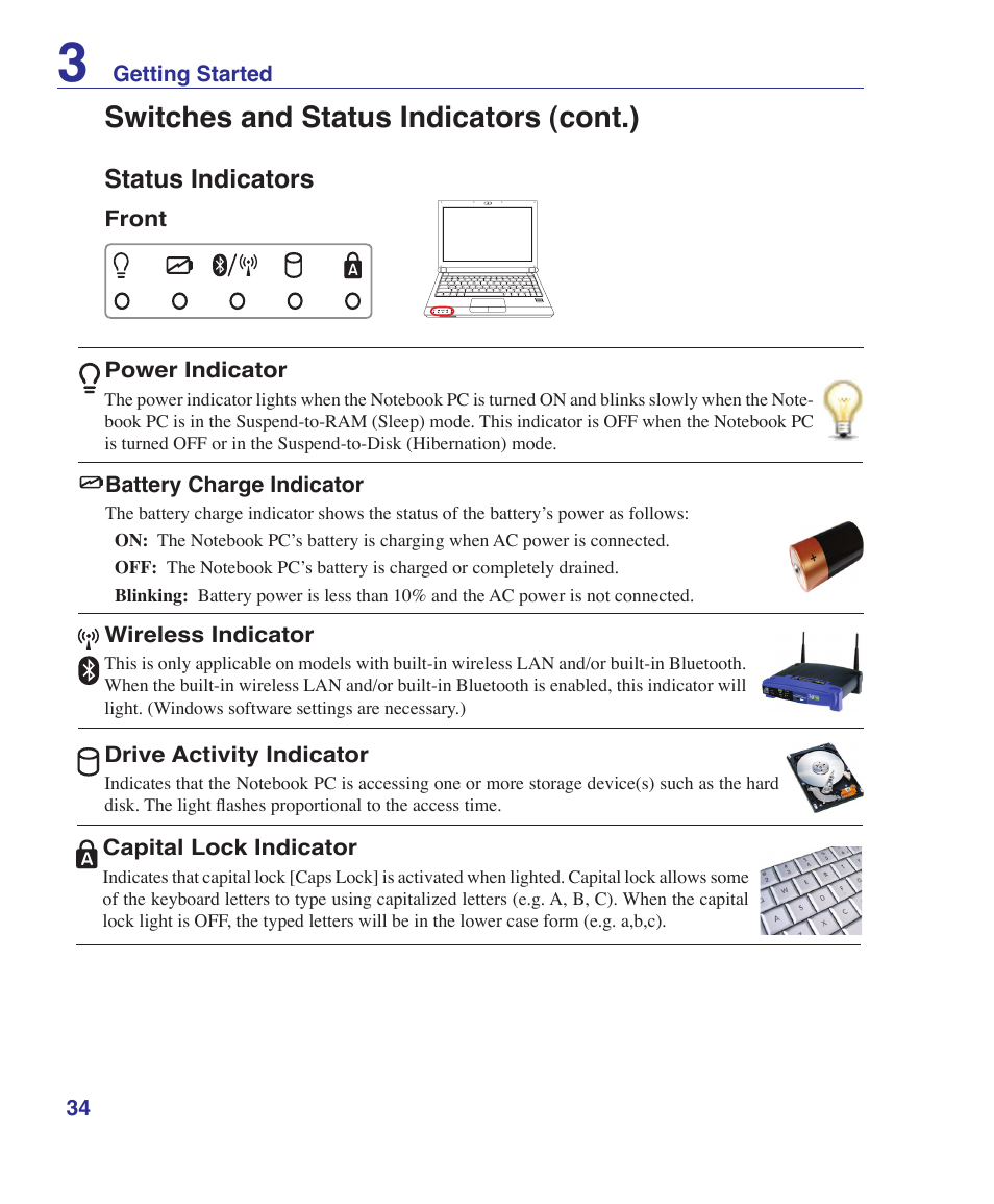 Status indicators, Switches and status indicators (cont.) | Asus U2E User Manual | Page 34 / 85