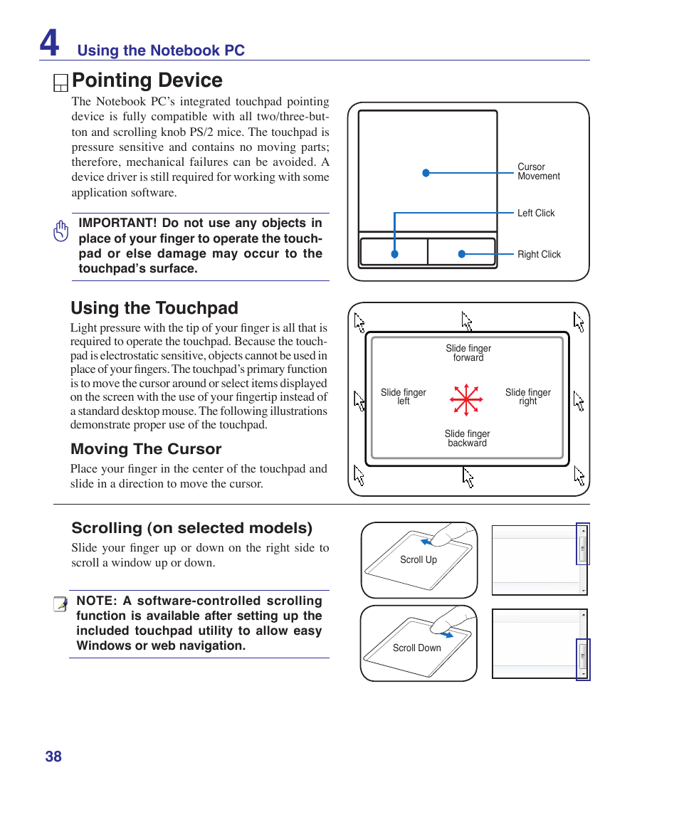 Pointing device, Using the touchpad | Asus U2E User Manual | Page 38 / 85
