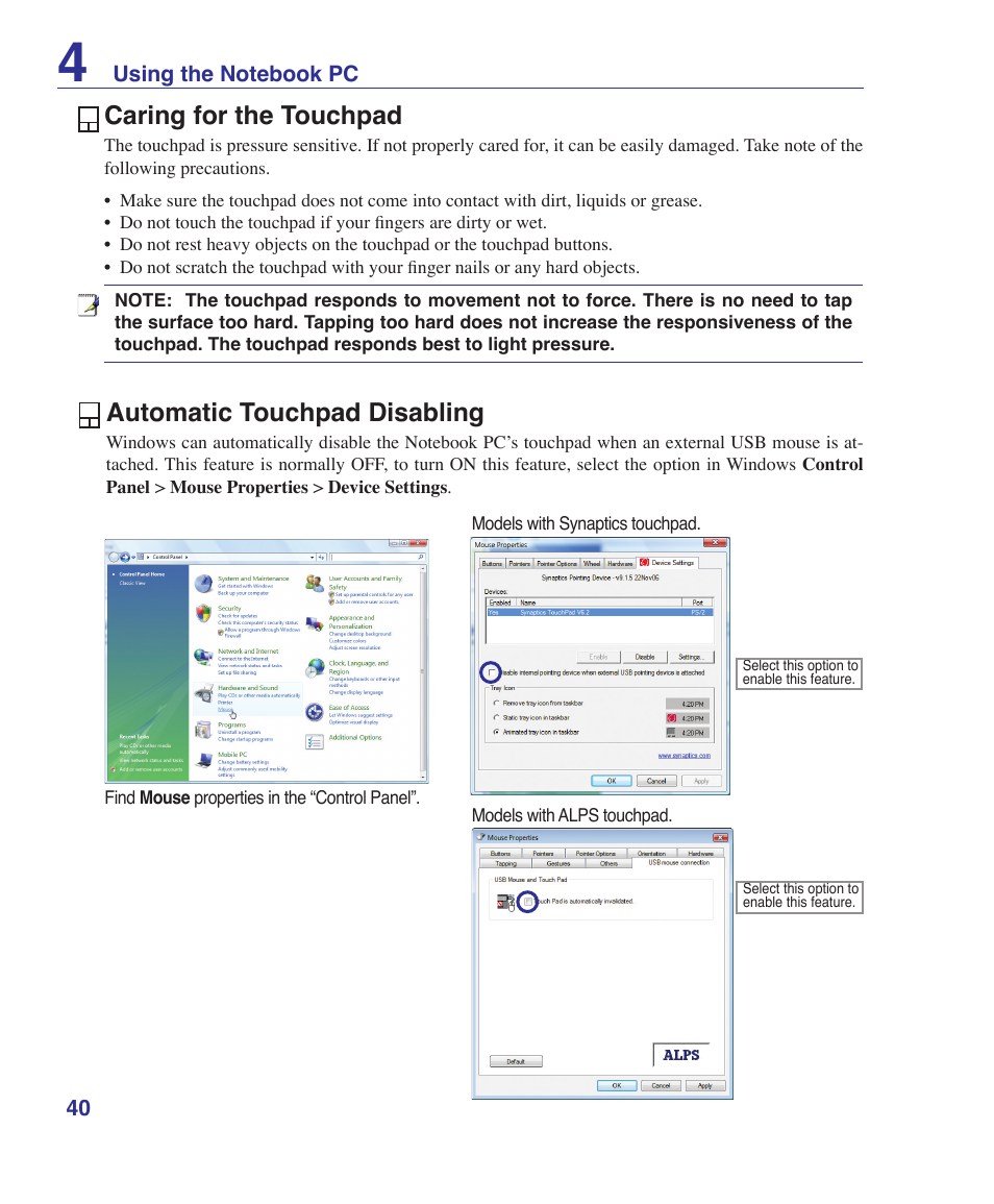 Caring for the touchpad, Automatic touchpad disabling | Asus U2E User Manual | Page 40 / 85