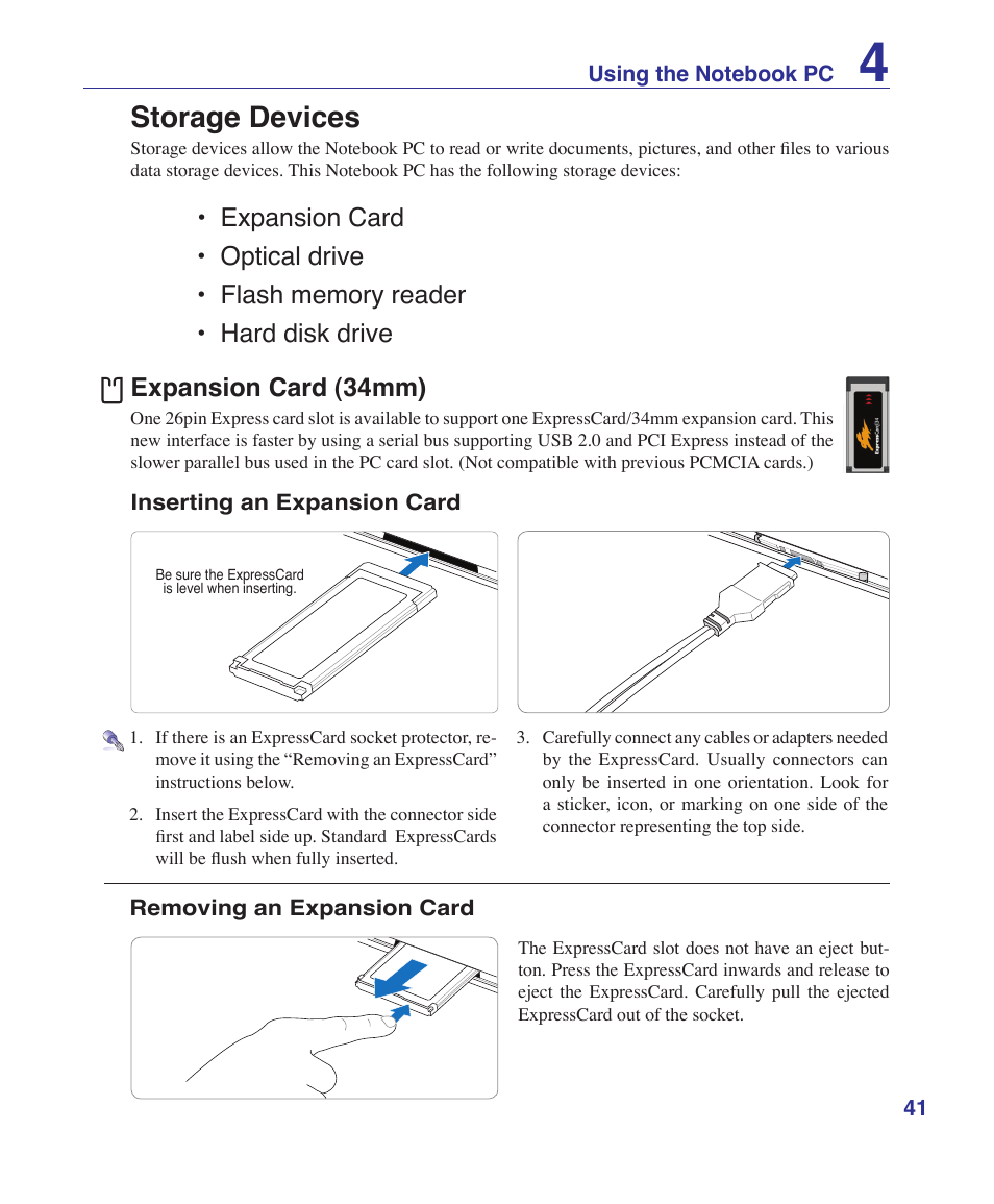 Storage devices, Expansion card (34mm) | Asus U2E User Manual | Page 41 / 85