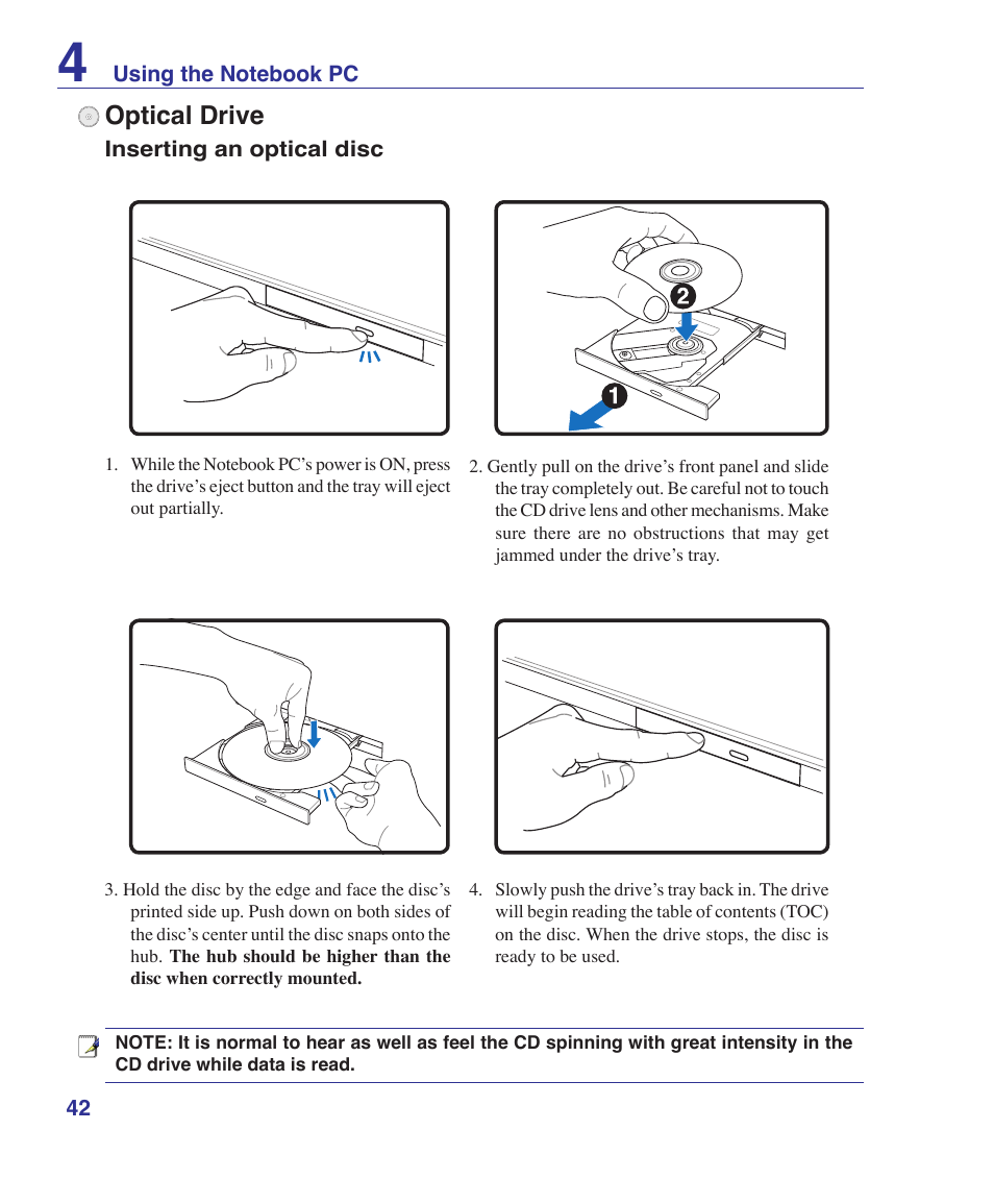 Optical drive | Asus U2E User Manual | Page 42 / 85