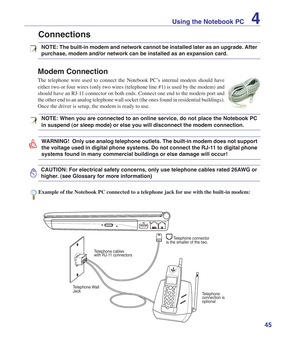 Connections, Modem connection | Asus U2E User Manual | Page 45 / 85