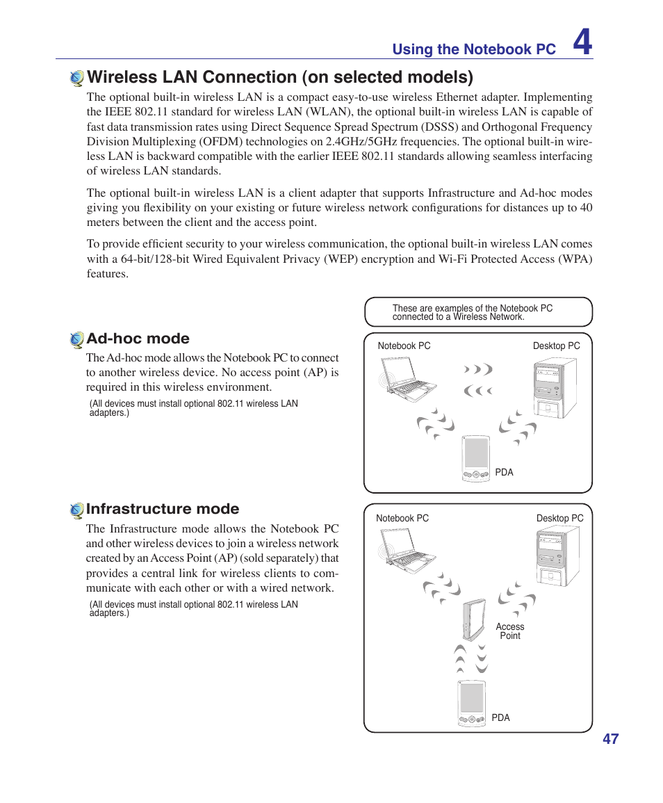 Wireless lan connection (on selected models), Ad-hoc mode, Infrastructure mode | Asus U2E User Manual | Page 47 / 85