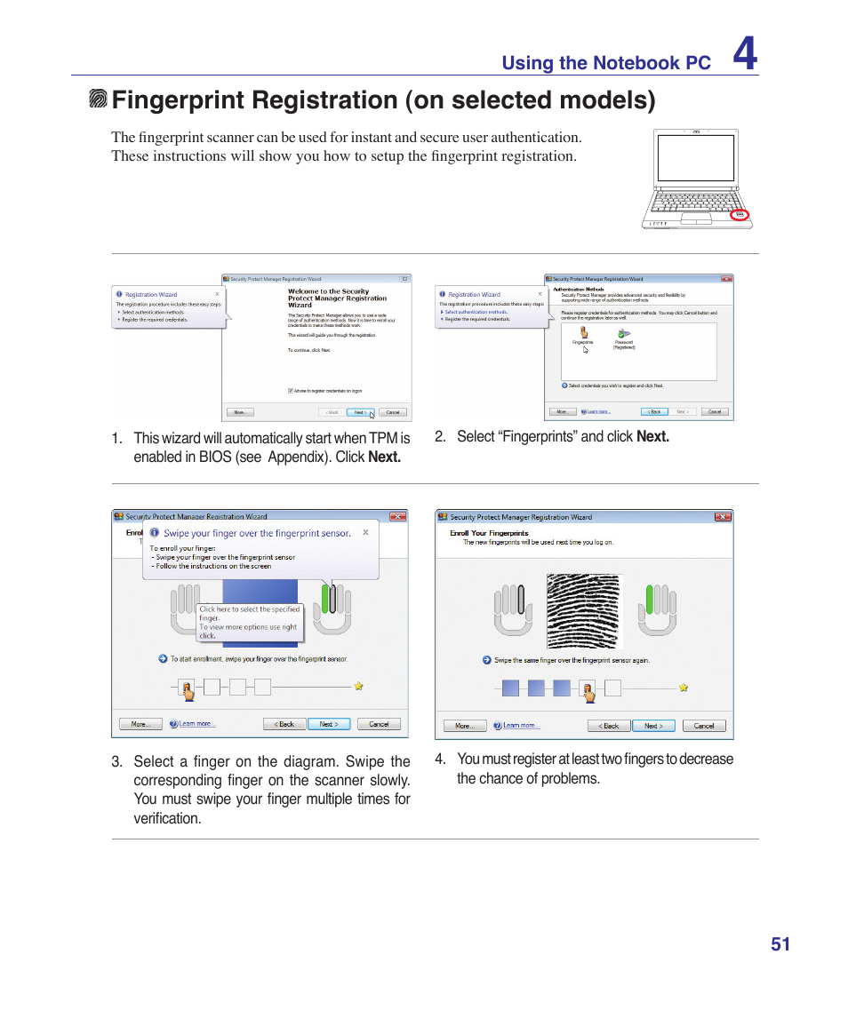 Fingerprint registration (on selected models) | Asus U2E User Manual | Page 51 / 85