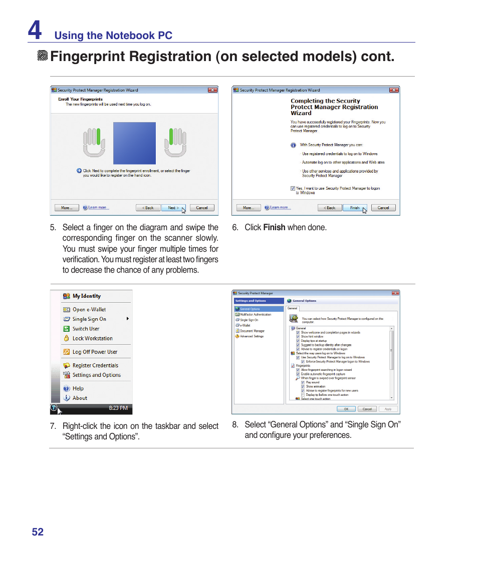 Fingerprint registration (on selected models) cont | Asus U2E User Manual | Page 52 / 85