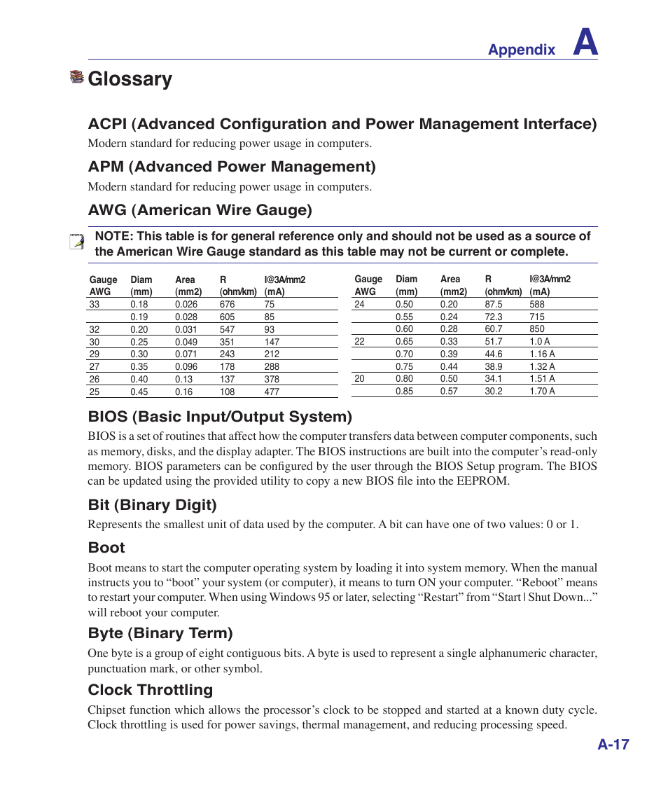 Glossary, Appendix, A-17 | Apm (advanced power management), Awg (american wire gauge), Bios (basic input/output system), Bit (binary digit), Boot, Byte (binary term), Clock throttling | Asus U2E User Manual | Page 69 / 85