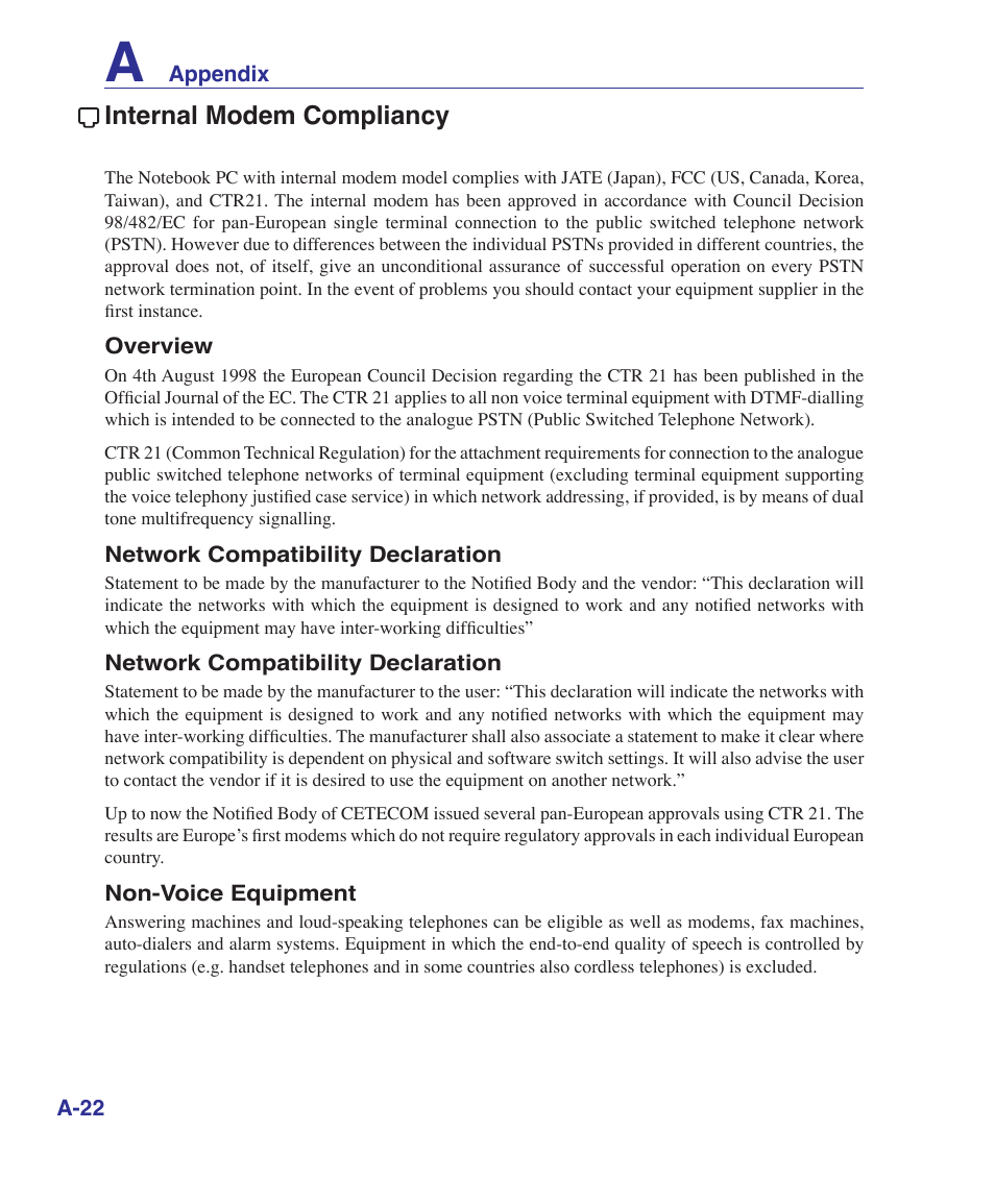 Internal modem compliancy | Asus U2E User Manual | Page 74 / 85