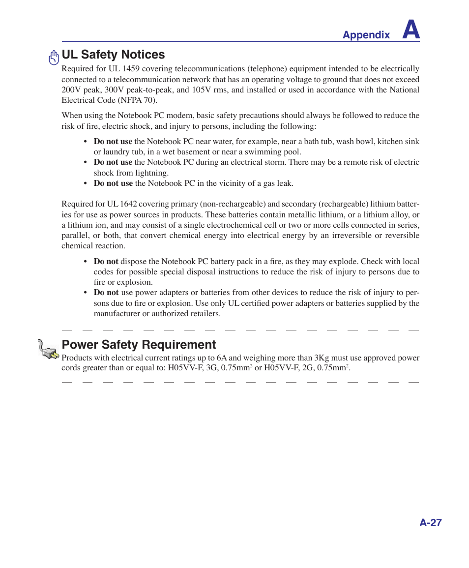 Ul safety notices, Power safety requirement | Asus U2E User Manual | Page 79 / 85