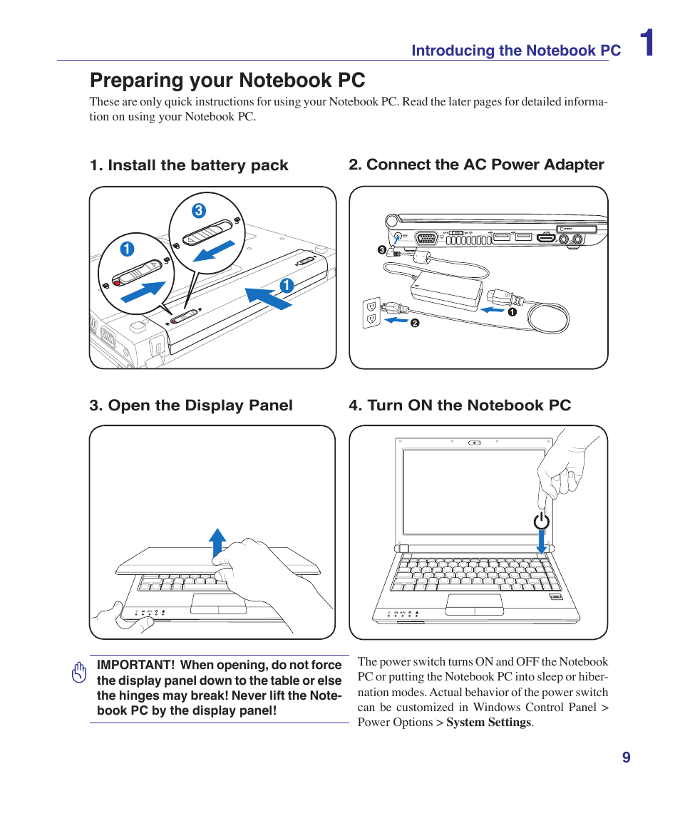 Preparing your notebook pc | Asus U2E User Manual | Page 9 / 85