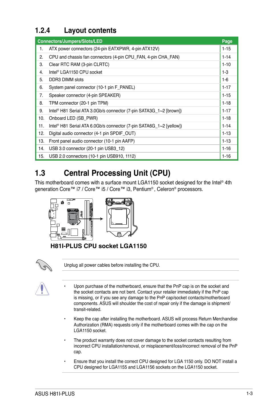 3 central processing unit (cpu), 3 central processing unit (cpu) -3, 4 layout contents | Asus H81I-PLUS User Manual | Page 11 / 74