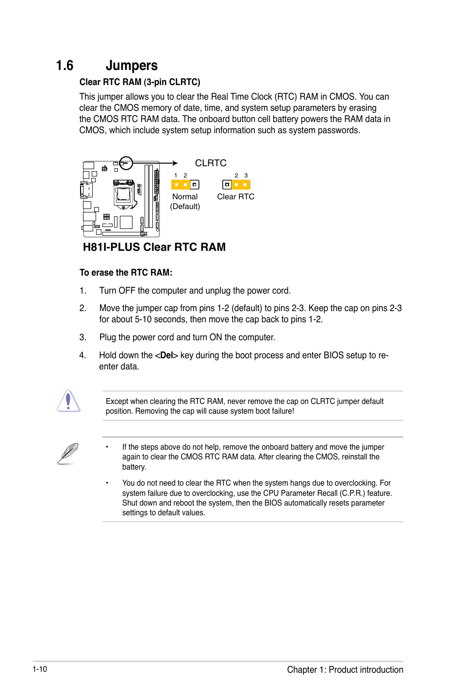6 jumpers, 6 jumpers -10, H81i-plus clear rtc ram | Asus H81I-PLUS User Manual | Page 18 / 74