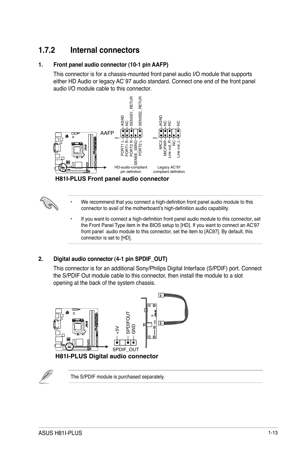 2 internal connectors, Asus h81i-plus, H81i-plus front panel audio connector | H81i-plus digital audio connector | Asus H81I-PLUS User Manual | Page 21 / 74