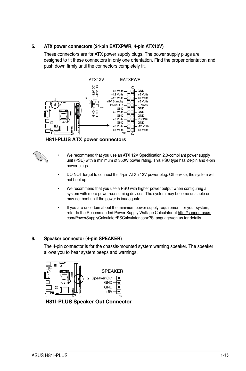 H81i-plus speaker out connector, Asus h81i-plus, H81i-plus atx power connectors | Speaker | Asus H81I-PLUS User Manual | Page 23 / 74