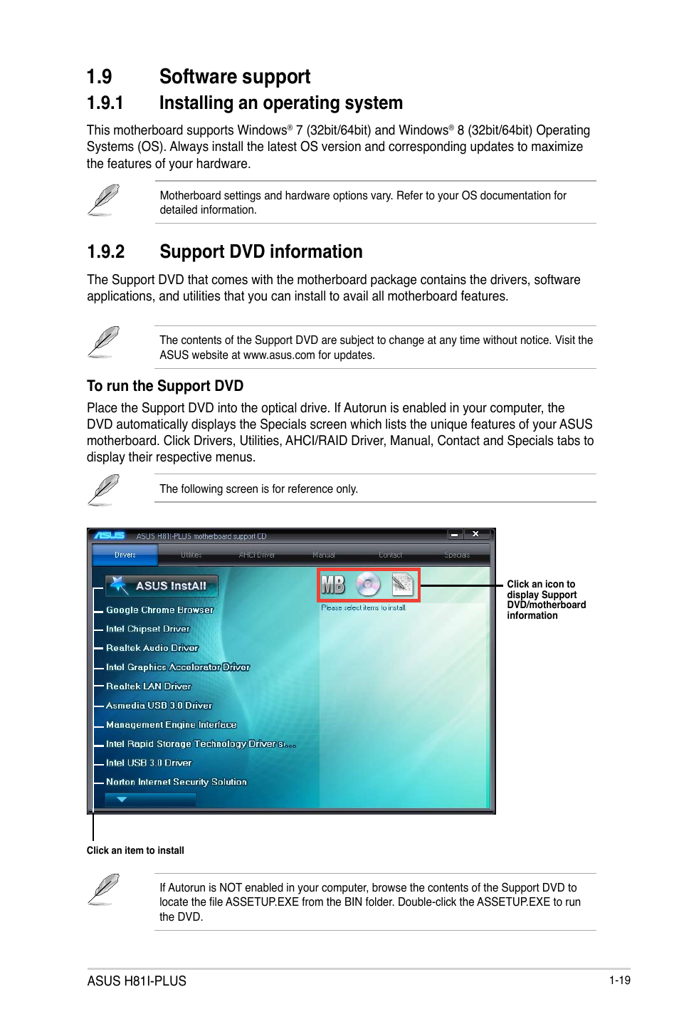 9 software support, 9 software support -19, 1 installing an operating system | 2 support dvd information | Asus H81I-PLUS User Manual | Page 27 / 74