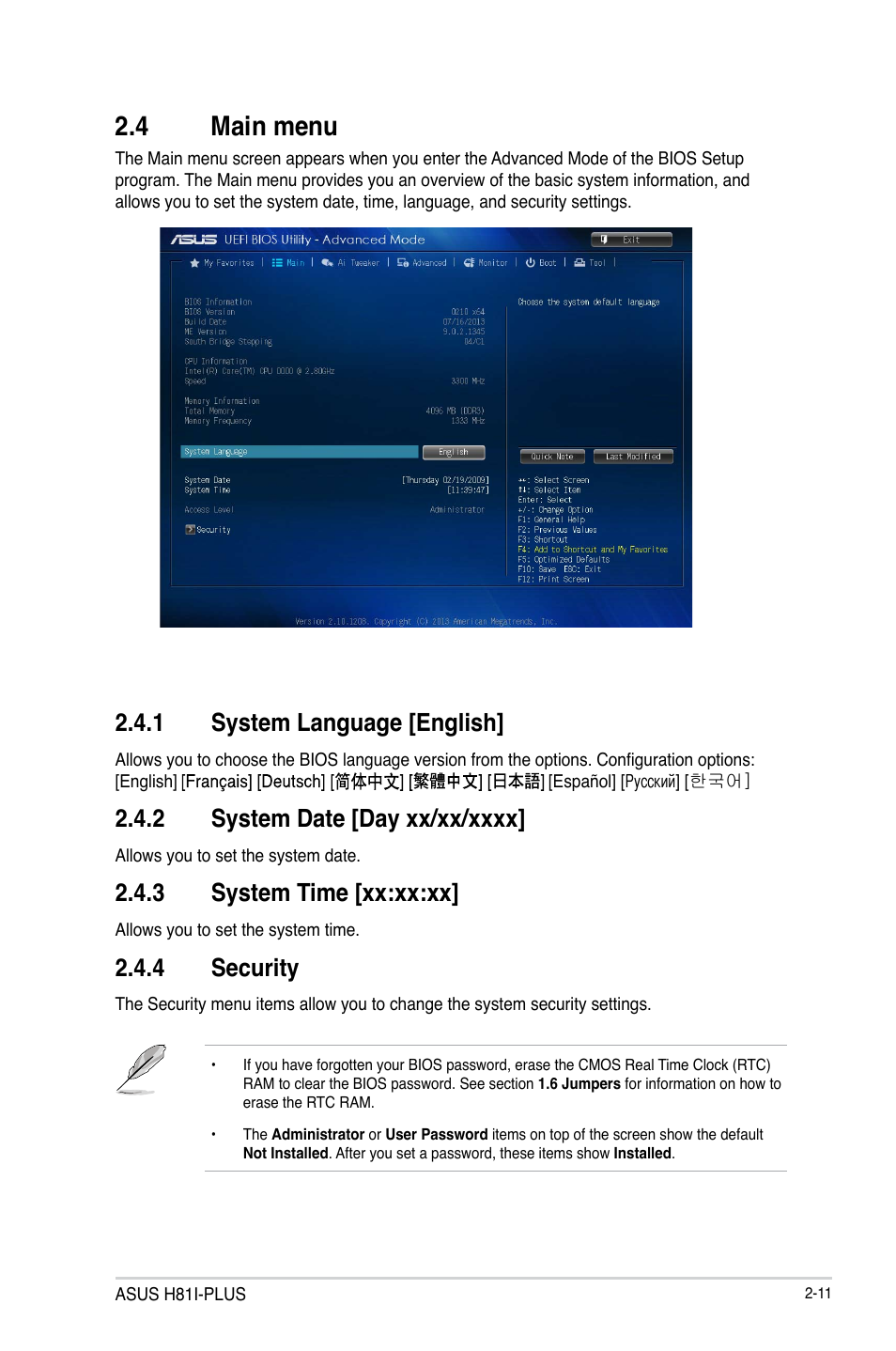 4 main menu, 4 main menu -11, 1 system language [english | 3 system time [xx:xx:xx, 4 security | Asus H81I-PLUS User Manual | Page 39 / 74