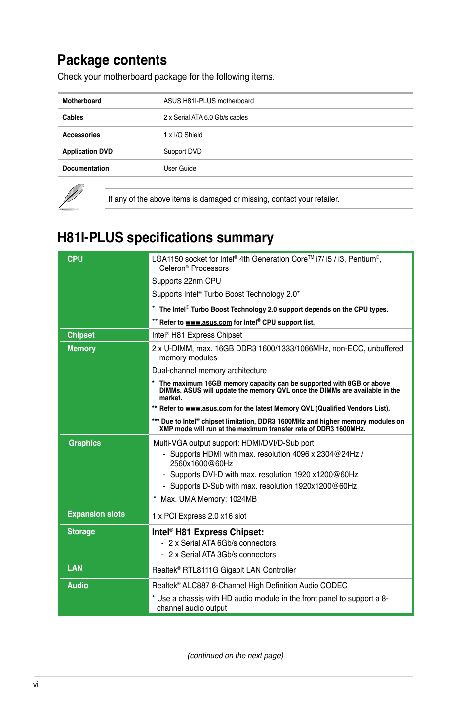 Package contents, H81i-plus specifications summary, Intel | H81 express chipset | Asus H81I-PLUS User Manual | Page 6 / 74