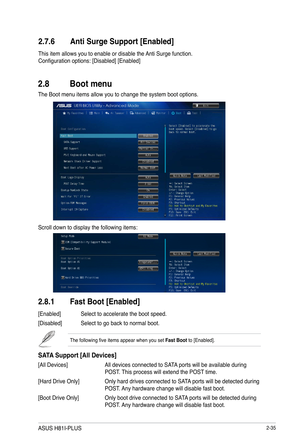 8 boot menu, 8 boot menu -35, 1 fast boot [enabled | 6 anti surge support [enabled | Asus H81I-PLUS User Manual | Page 63 / 74