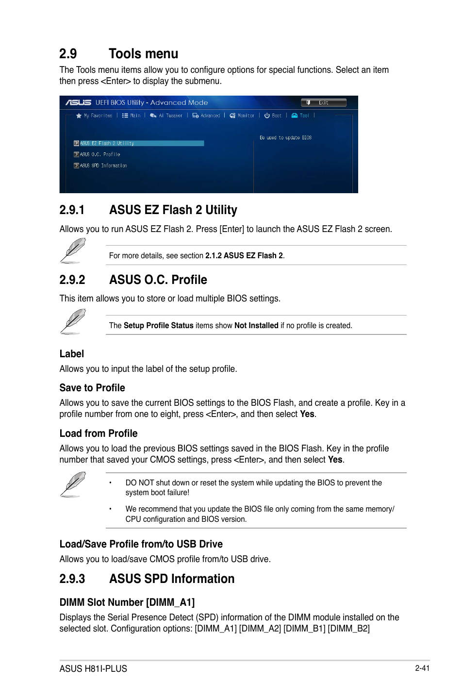 9 tools menu, 9 tools menu -41, 1 asus ez flash 2 utility | 2 asus o.c. profile, 3 asus spd information | Asus H81I-PLUS User Manual | Page 69 / 74