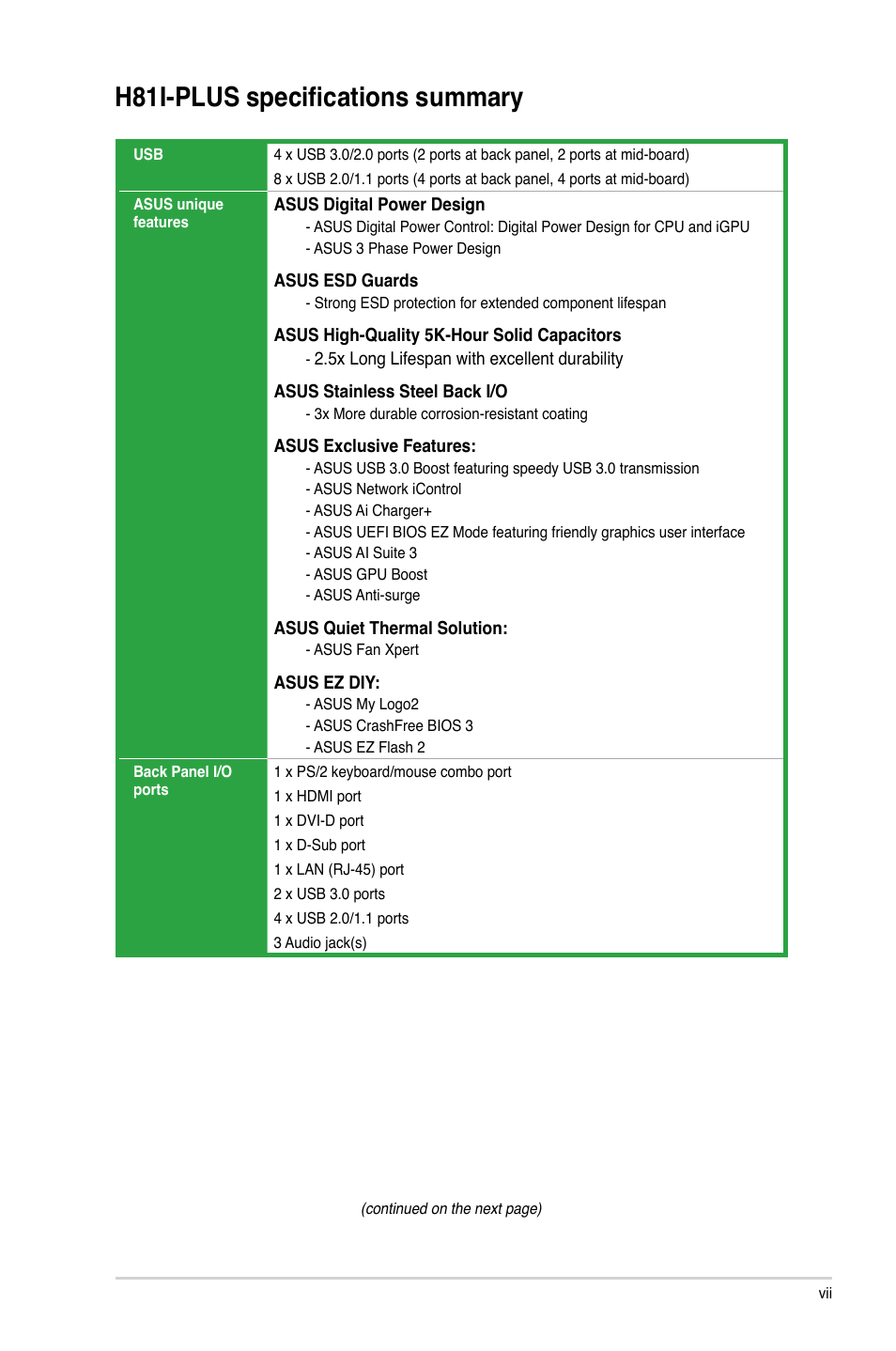 H81i-plus specifications summary | Asus H81I-PLUS User Manual | Page 7 / 74