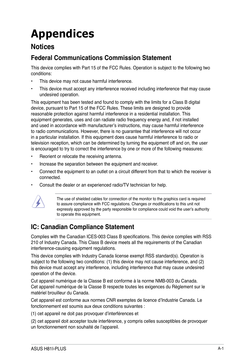 Appendices, Notices, Federal communications commission statement | Ic: canadian compliance statement | Asus H81I-PLUS User Manual | Page 71 / 74