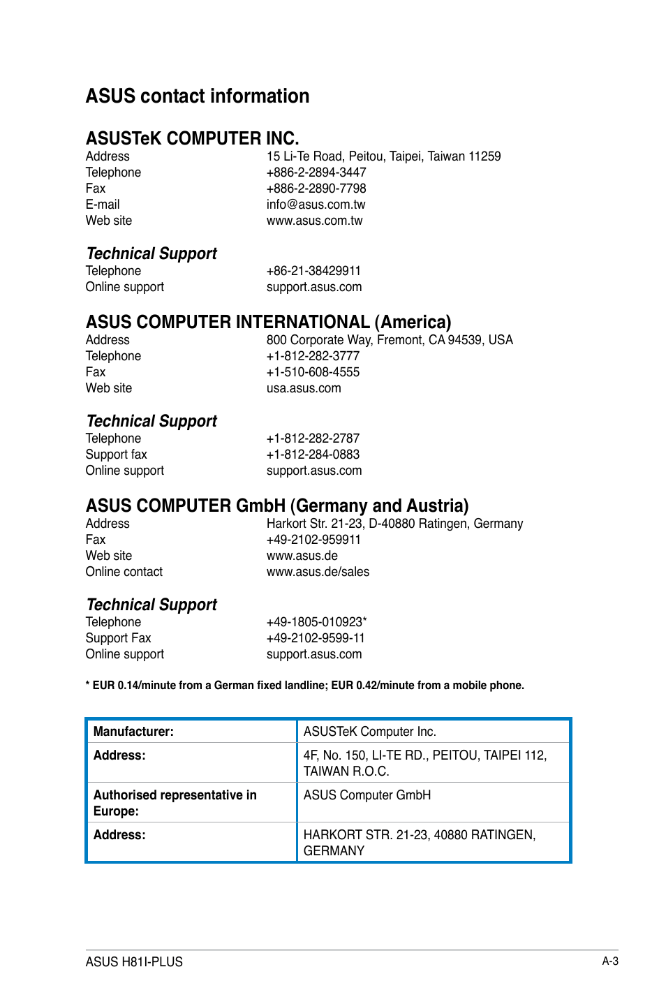 Asus contact information, Asustek computer inc, Asus computer international (america) | Asus computer gmbh (germany and austria), Technical support | Asus H81I-PLUS User Manual | Page 73 / 74