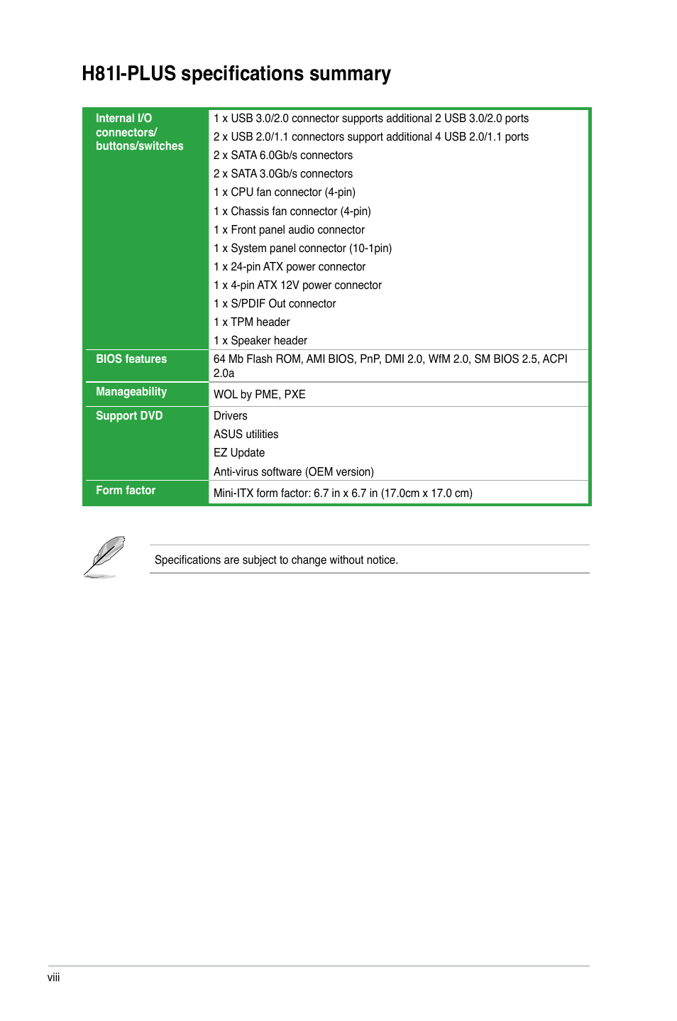 H81i-plus specifications summary | Asus H81I-PLUS User Manual | Page 8 / 74