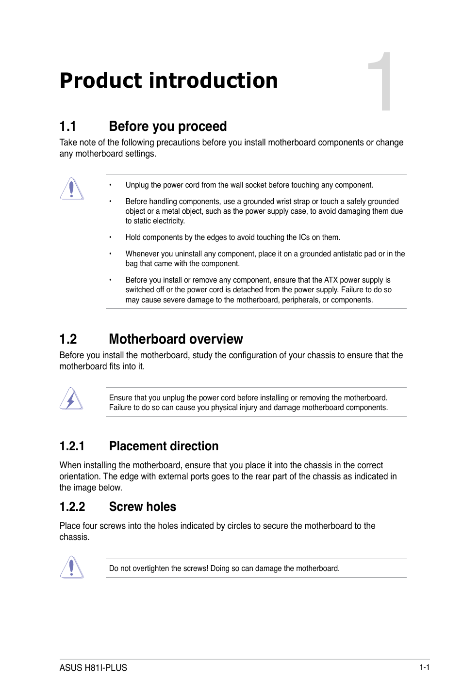 Product introduction, 1 before you proceed, 2 motherboard overview | Asus H81I-PLUS User Manual | Page 9 / 74