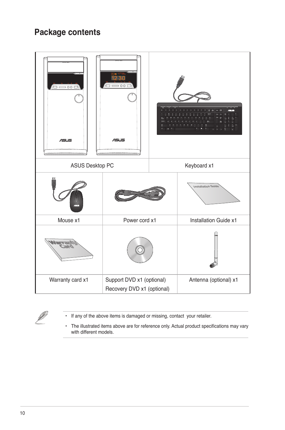 Package contents, Asus desktop pc keyboard x1 | Asus M33AAG User Manual | Page 10 / 81