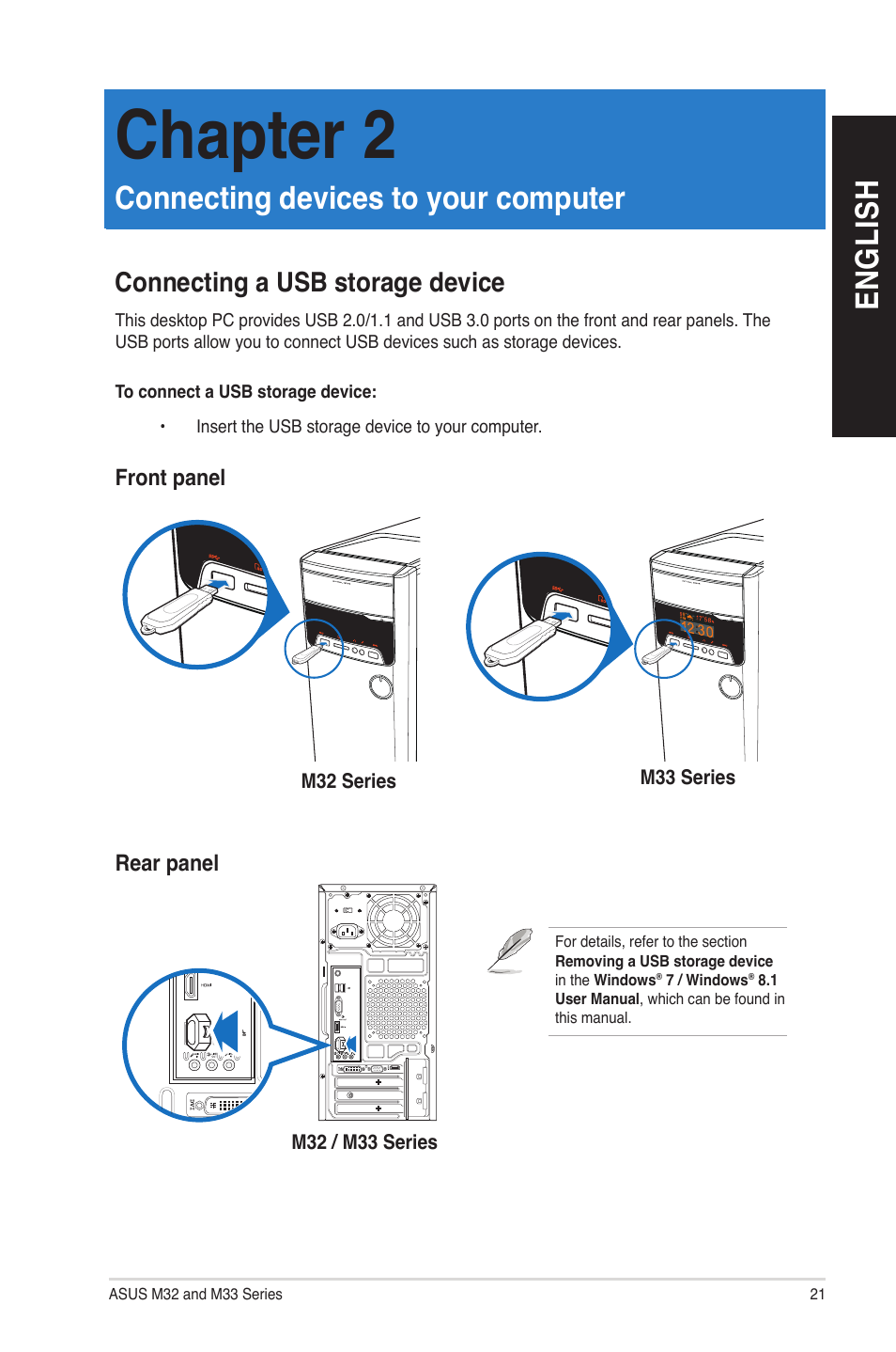 Chapter 2: connecting devices to your computer, Connecting a usb storage device, Connecting devices to your computer | Chapter 2, En gl is h en gl is h | Asus M33AAG User Manual | Page 21 / 81