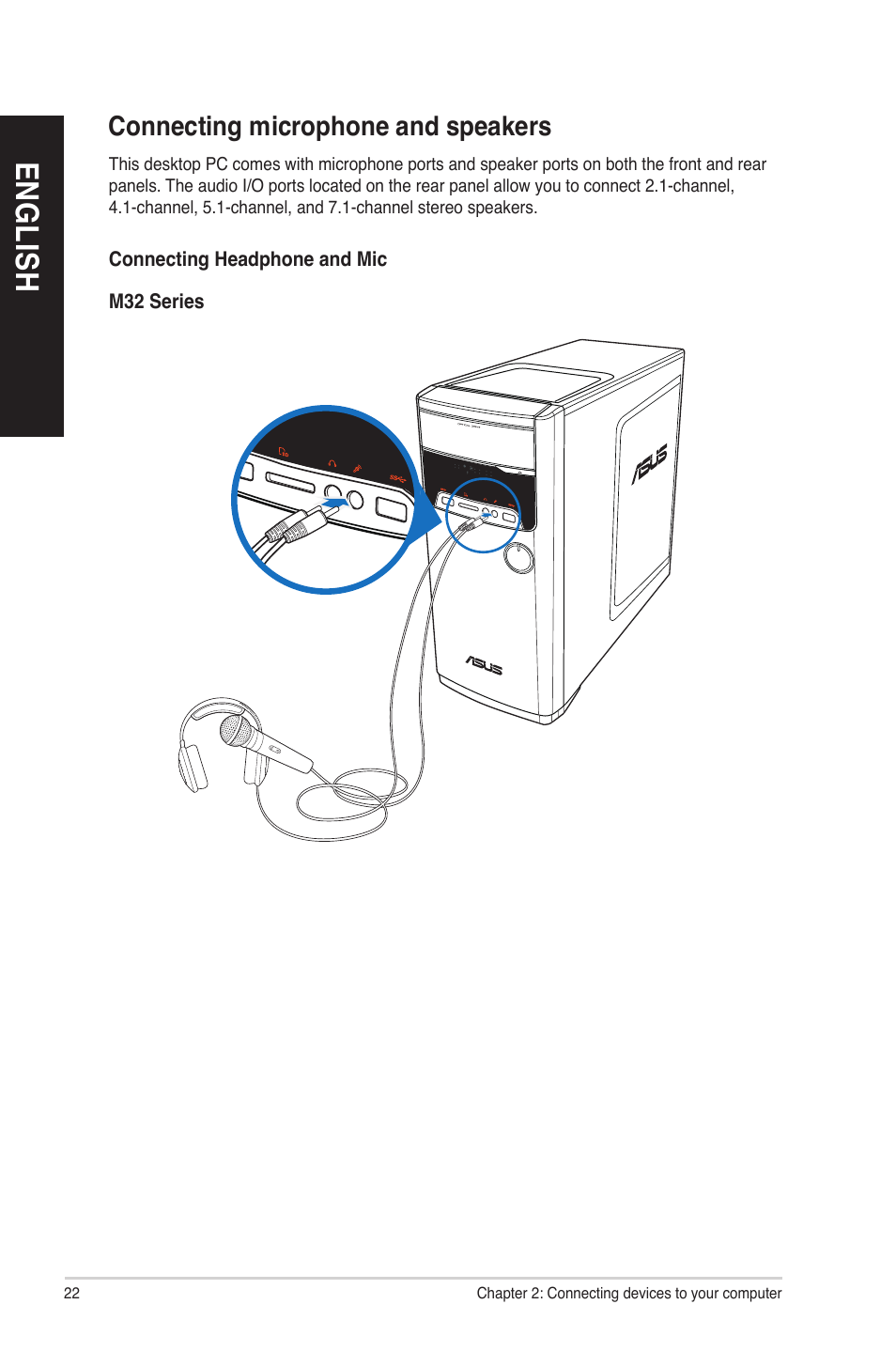 Connecting microphone and speakers, En gl is h en gl is h en gl is h en gl is h | Asus M33AAG User Manual | Page 22 / 81