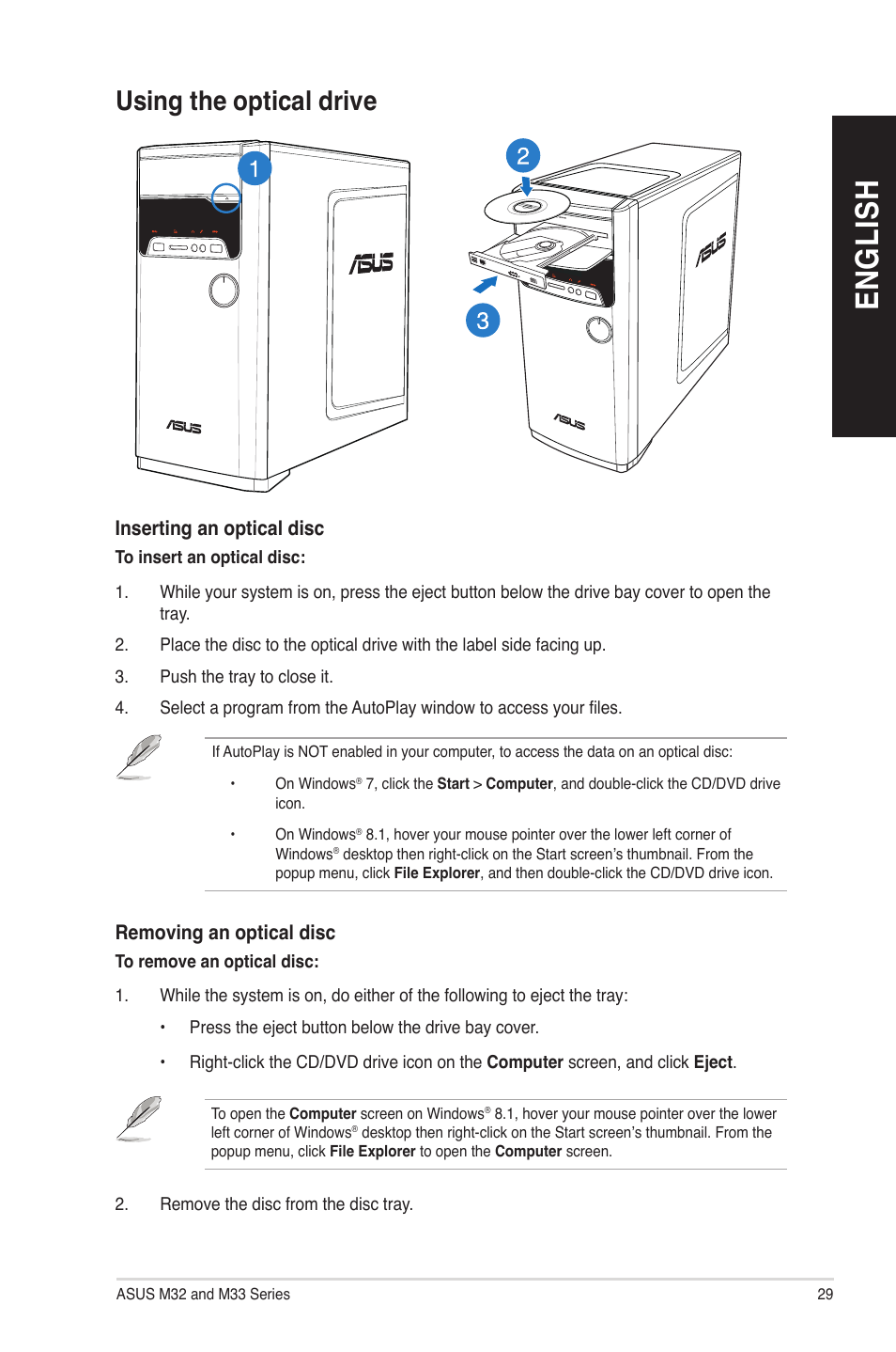 Using the optical drive, En gl is h en gl is h | Asus M33AAG User Manual | Page 29 / 81