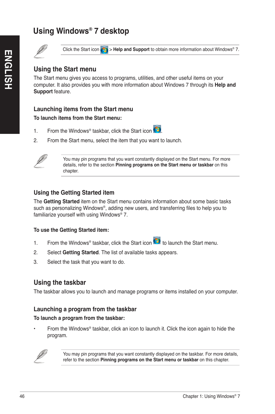 Using windows® 7 desktop, Using windows, 7 desktop | En gl is h en gl is h en gl is h en gl is h | Asus M33AAG User Manual | Page 46 / 81