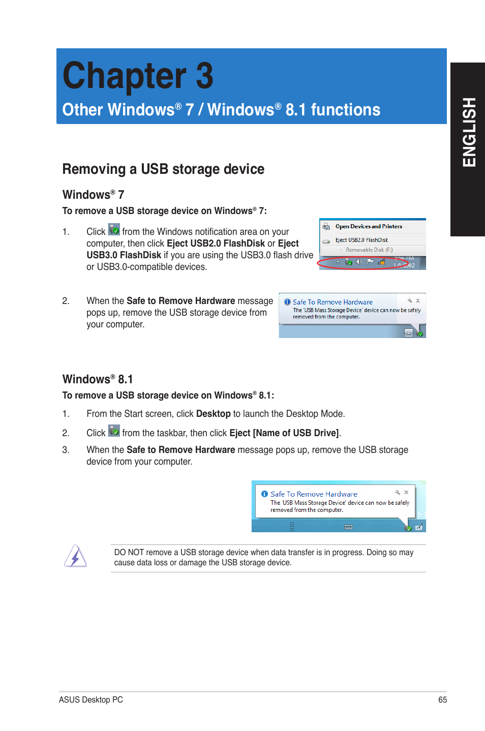 Other windows® 7 / windows® 8.1 functions, Removing a usb storage device, Other windows | 7 / windows, 1 functions, Chapter 3, En gl is h en gl is h | Asus M33AAG User Manual | Page 65 / 81