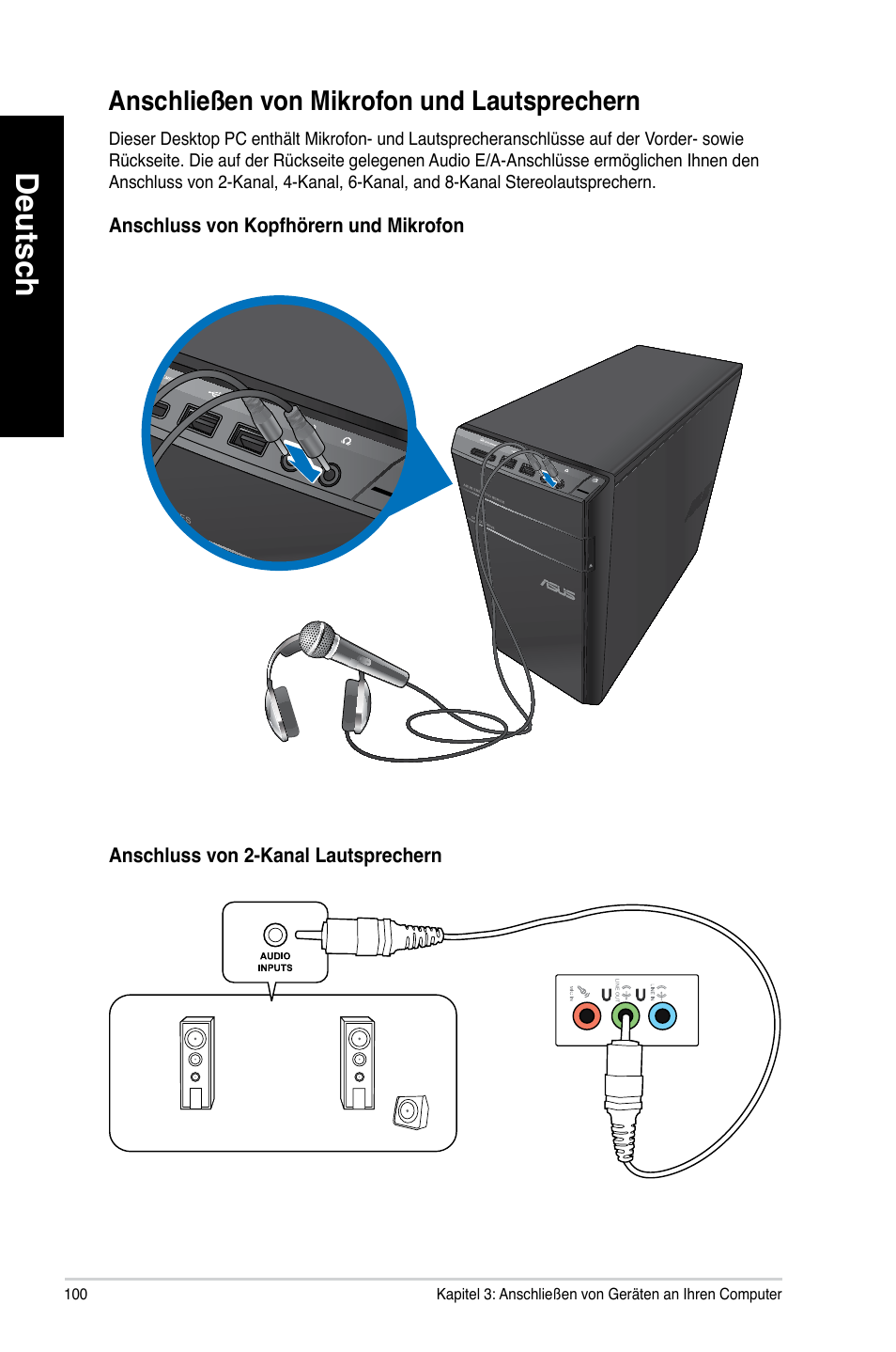 Anschließen von mikrofon und lautsprechern, Deutsch, Anschließen.von.mikrofon.und.lautsprechern | Asus CM6340 User Manual | Page 102 / 562