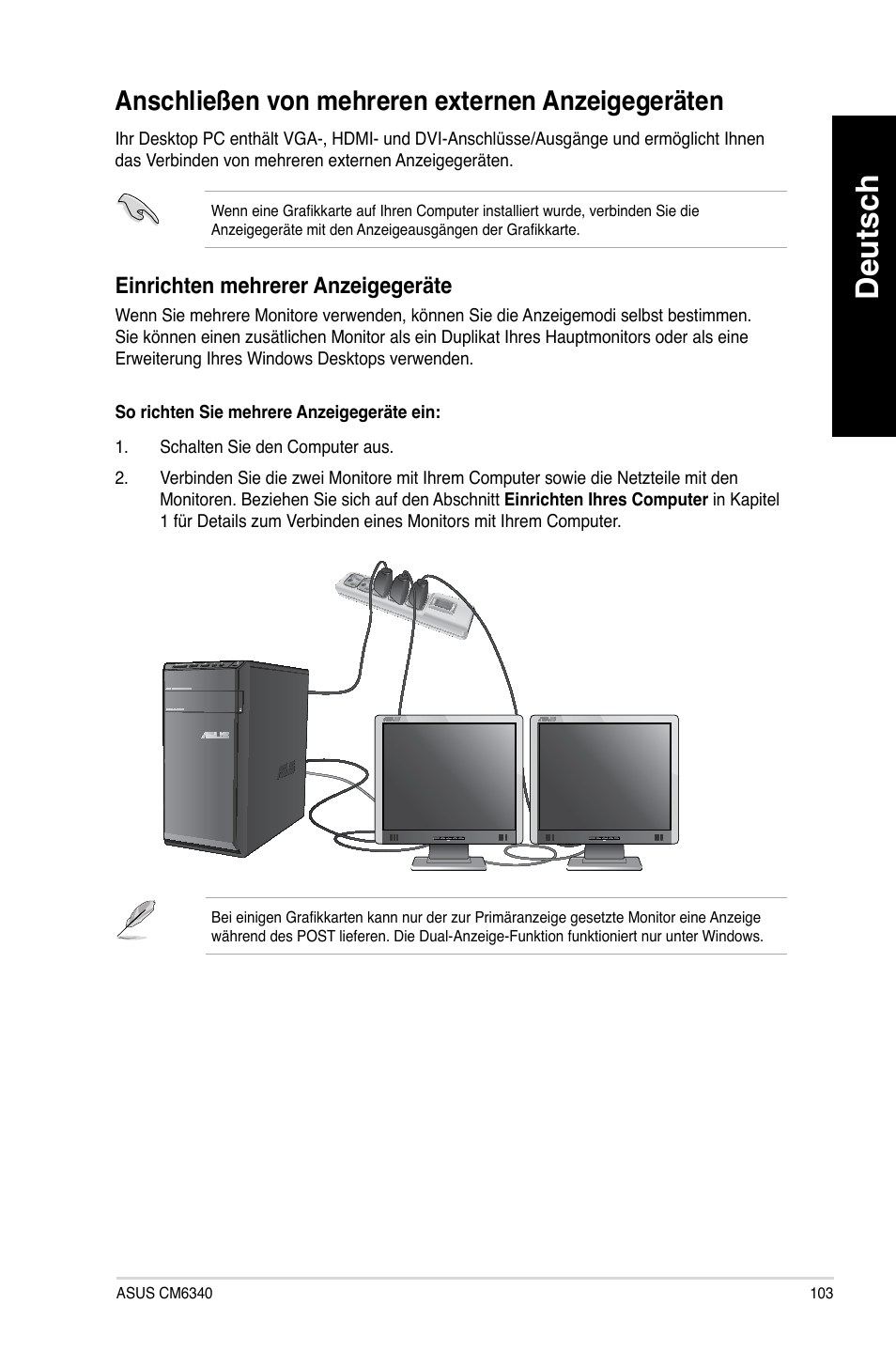 Anschließen von mehreren externen anzeigegeräten, Deutsch, Anschließen.von.mehreren.externen.anzeigegeräten | Asus CM6340 User Manual | Page 105 / 562