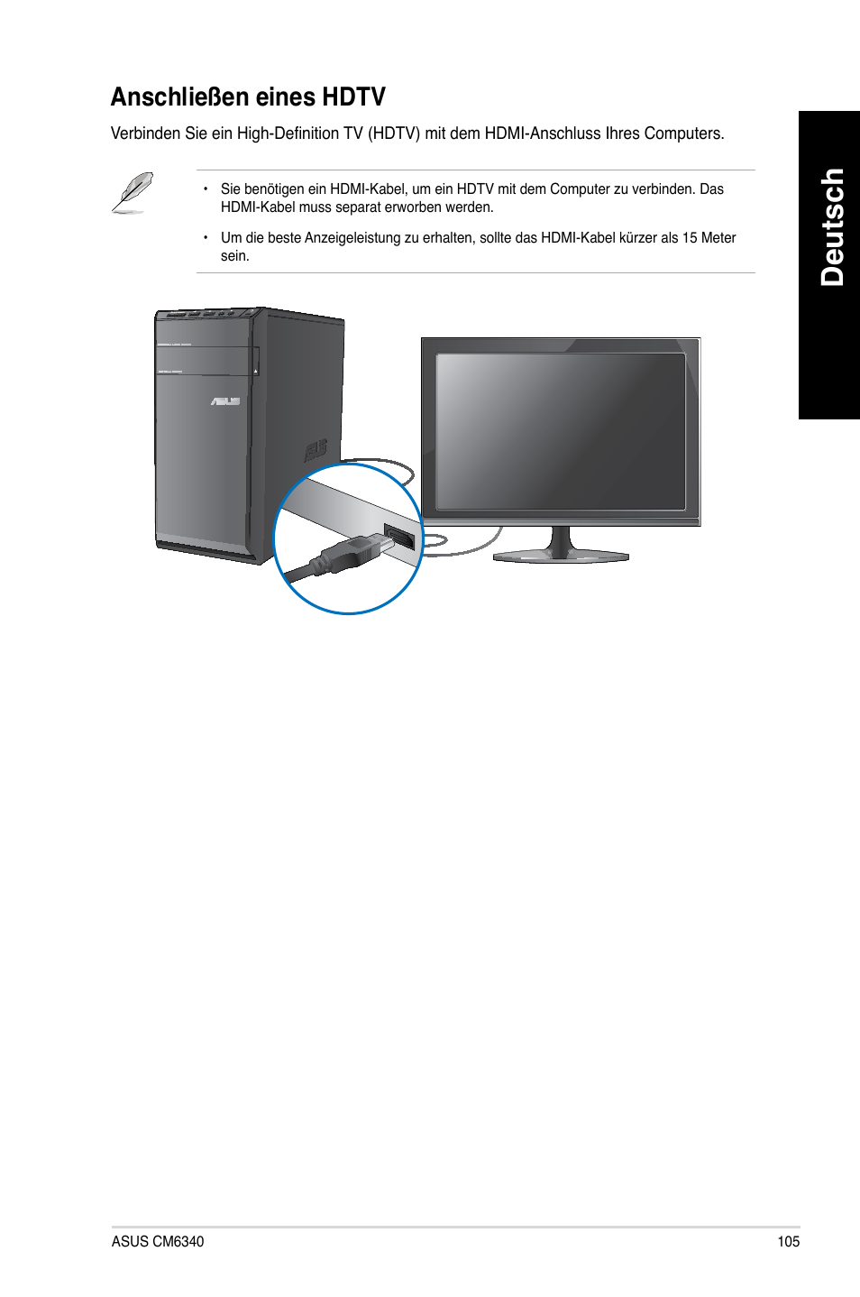 Anschließen eines hdtv, Deutsch, Anschließen.eines.hdtv | Asus CM6340 User Manual | Page 107 / 562