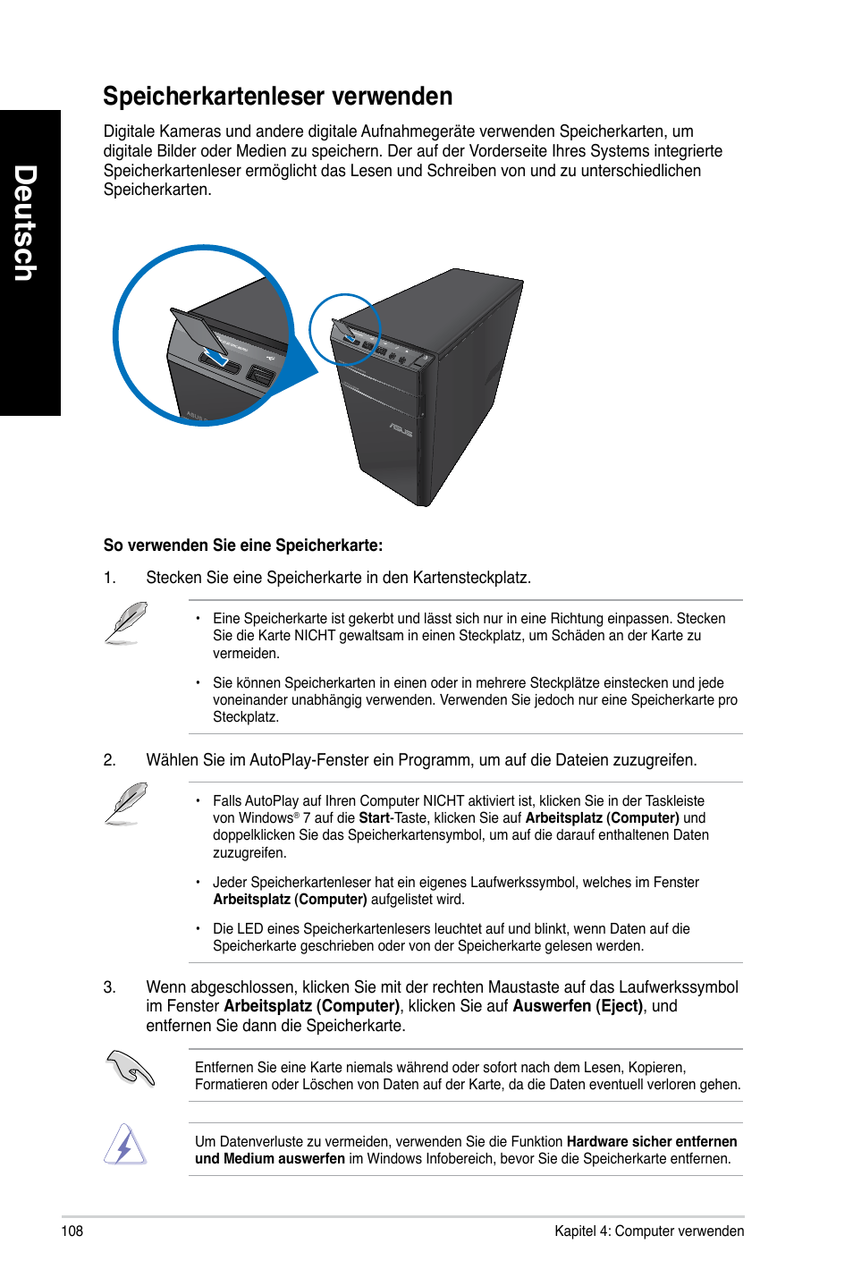 Speicherkartenleser verwenden, Deutsch, Speicherkartenleser.verwenden | Asus CM6340 User Manual | Page 110 / 562