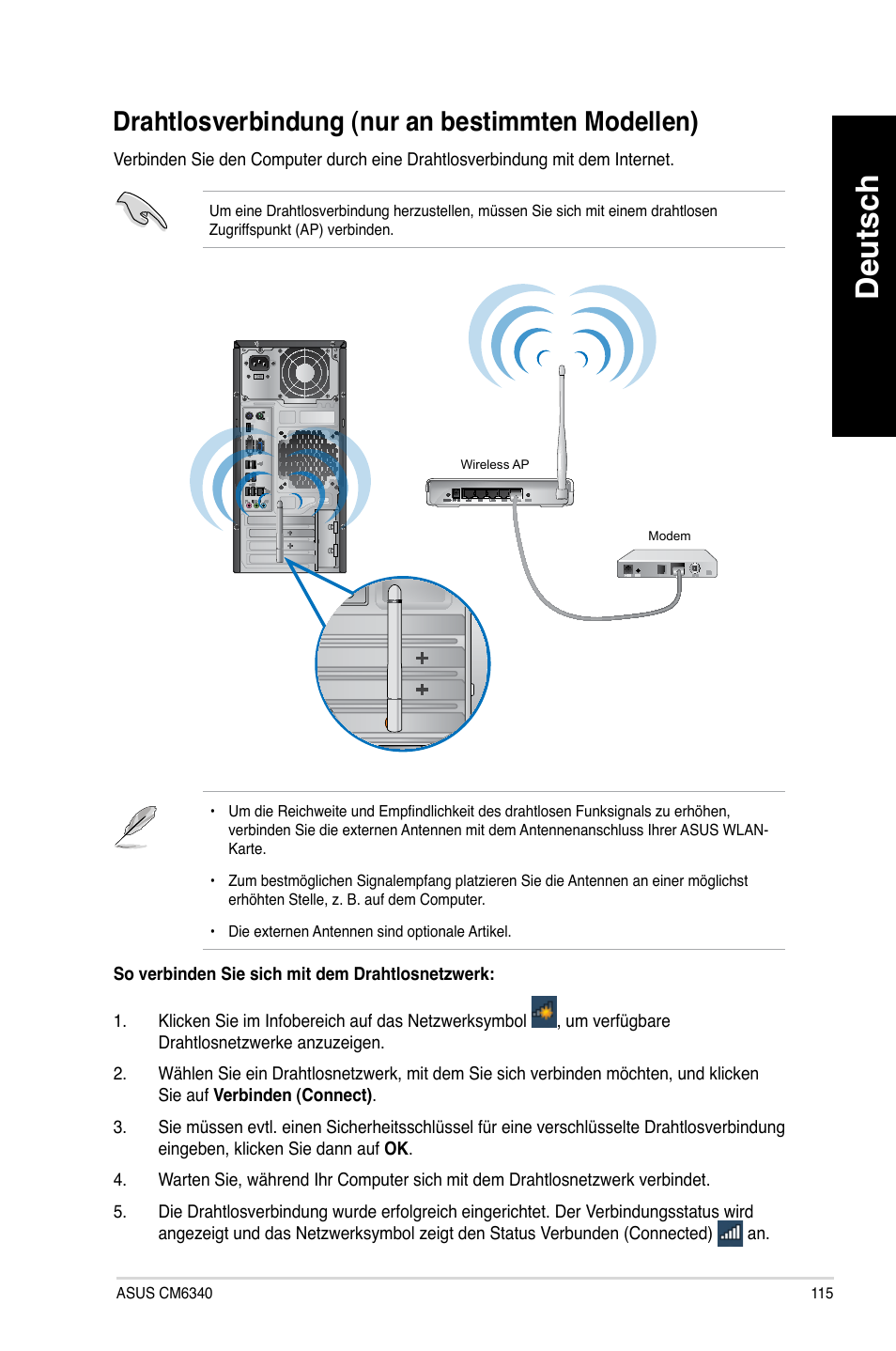 Drahtlosverbindung (nur an bestimmten modellen), Deutsch, Drahtlosverbindung.(nur.an.bestimmten.modellen) | Asus CM6340 User Manual | Page 117 / 562