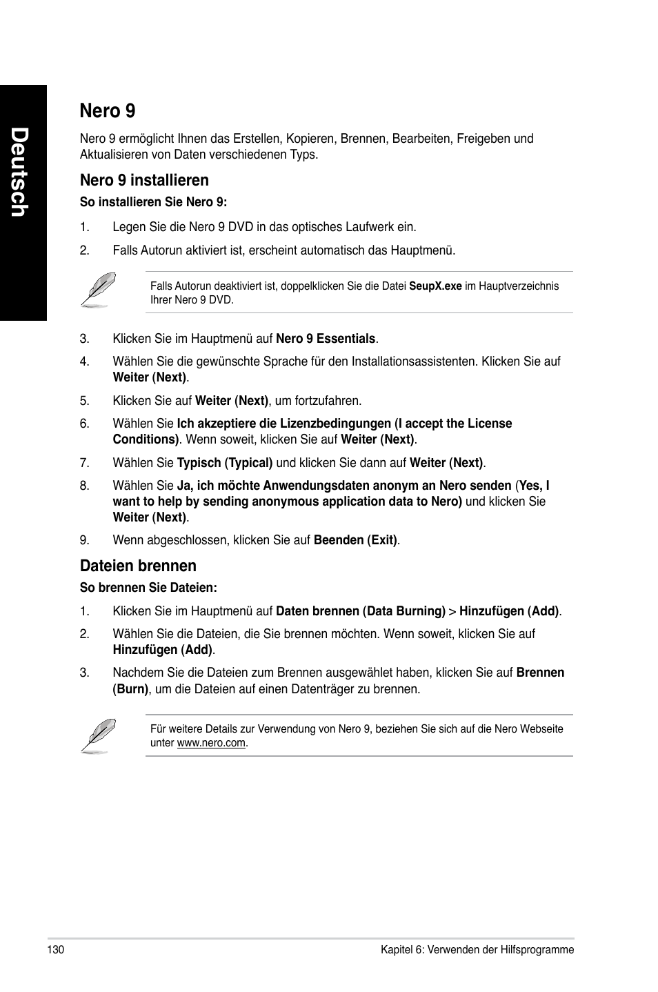 Nero 9, Nero 9 130, Deutsch | Nero.9, Nero.9.installieren, Dateien.brennen | Asus CM6340 User Manual | Page 132 / 562