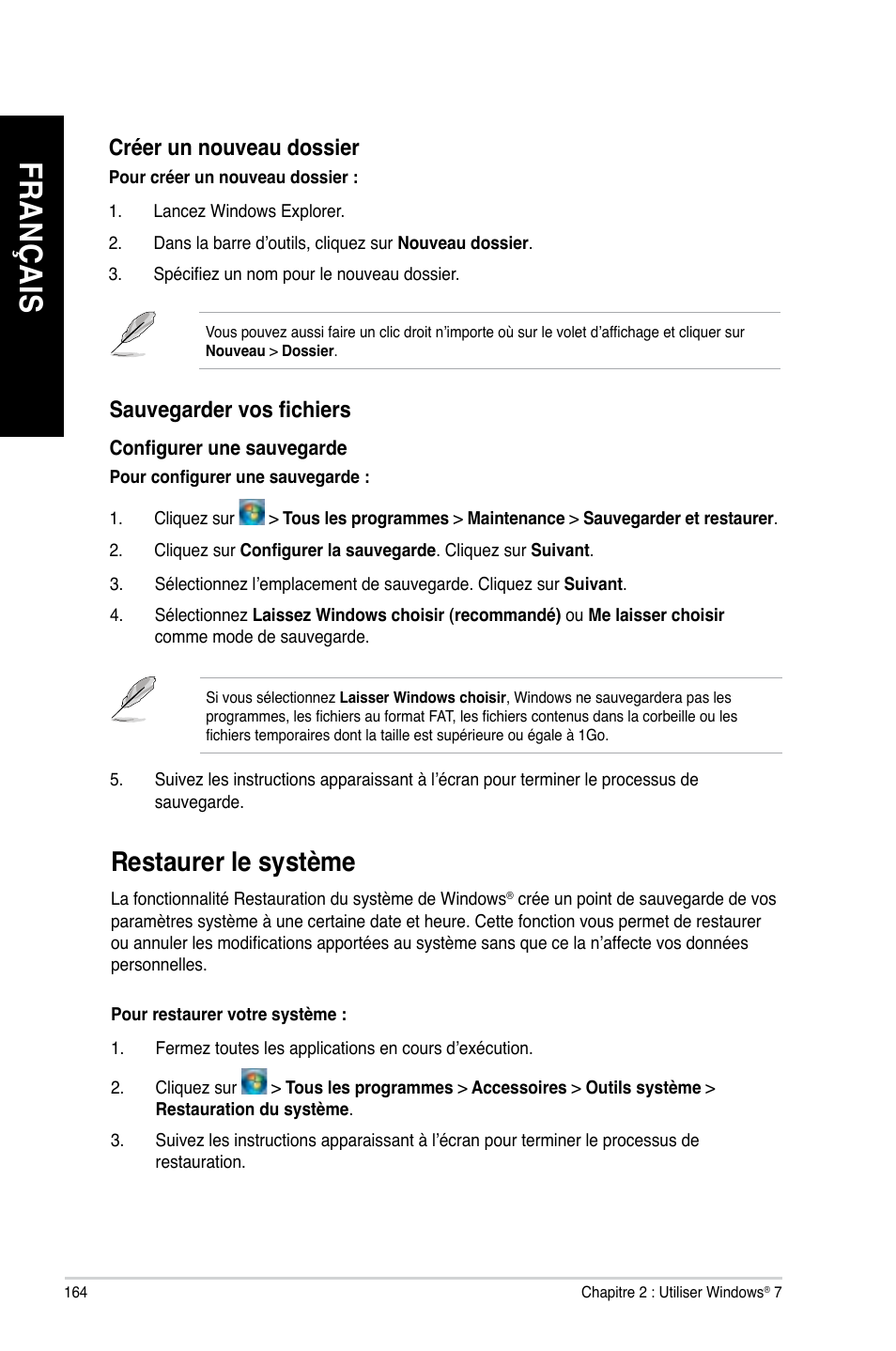 Restaurer le système, Fr an ça is fr an ça is fr an ça is fr an ça is, Restaurer.le.système | Asus CM6340 User Manual | Page 166 / 562