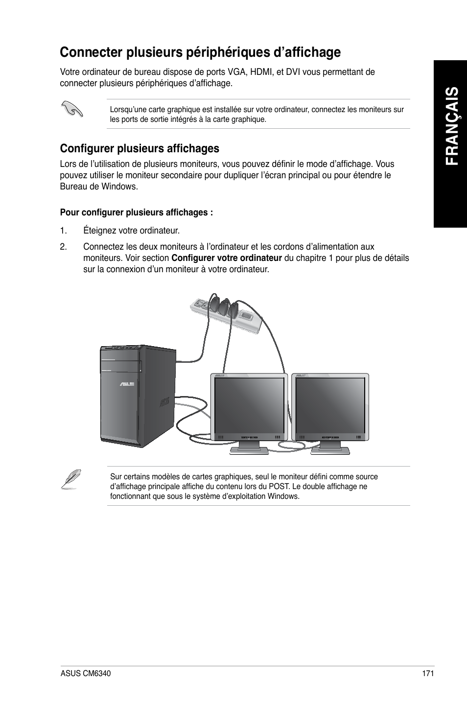 Connecter plusieurs périphériques d’affichage, Fr an ça is fr an ça is | Asus CM6340 User Manual | Page 173 / 562