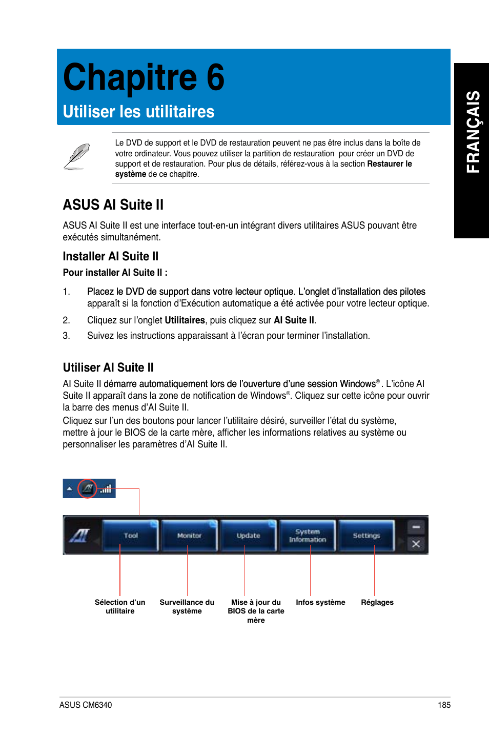 Chapitre 6, Utiliser les utilitaires, Asus ai suite ii | Chapitre.6, Utiliser.les.utilitaires, Fr an ça is fr an ça is, Asus.ai.suite.ii | Asus CM6340 User Manual | Page 187 / 562