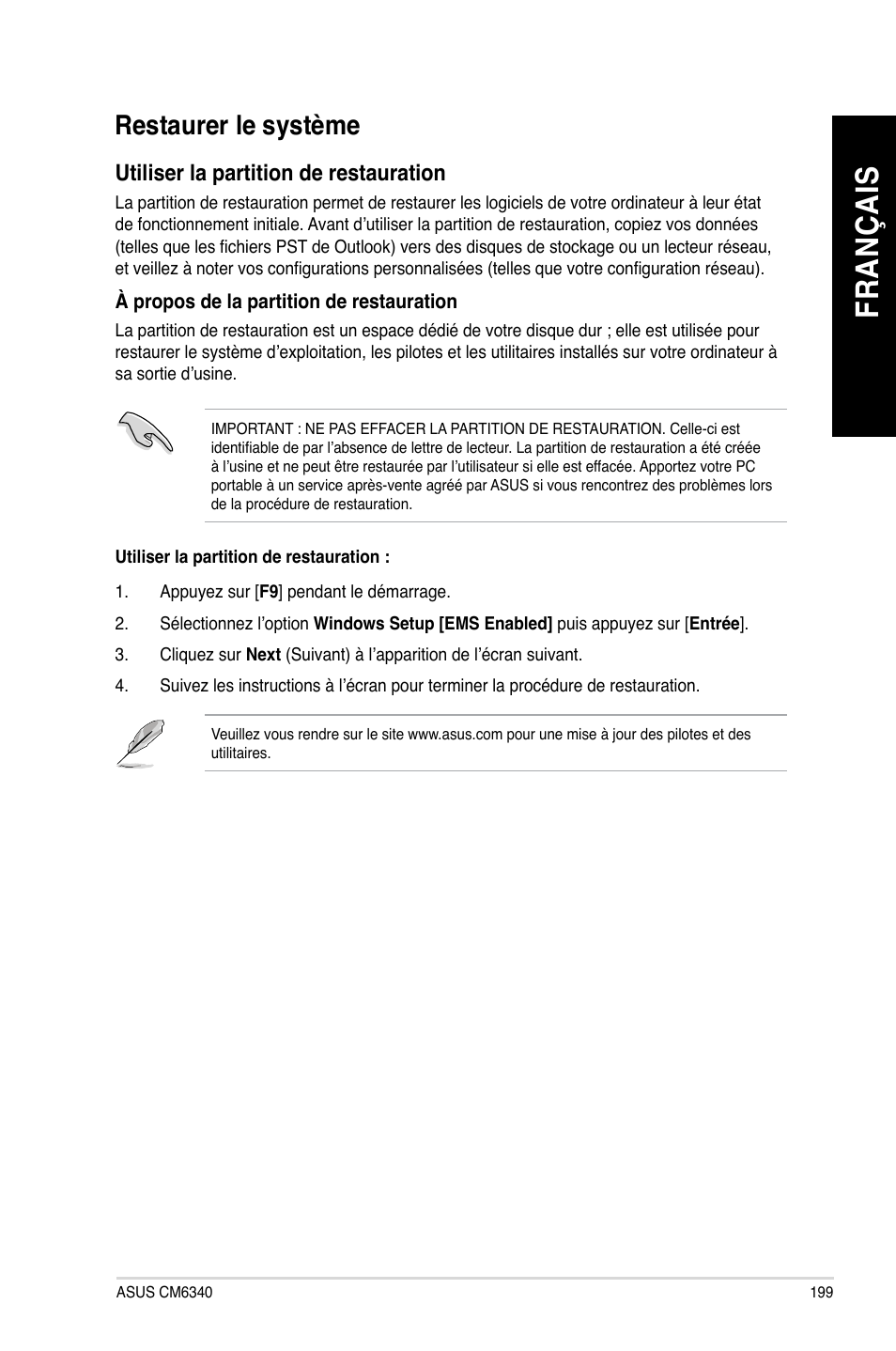 Restaurer le système, Fr an ça is fr an ça is, Restaurer.le.système | Asus CM6340 User Manual | Page 201 / 562