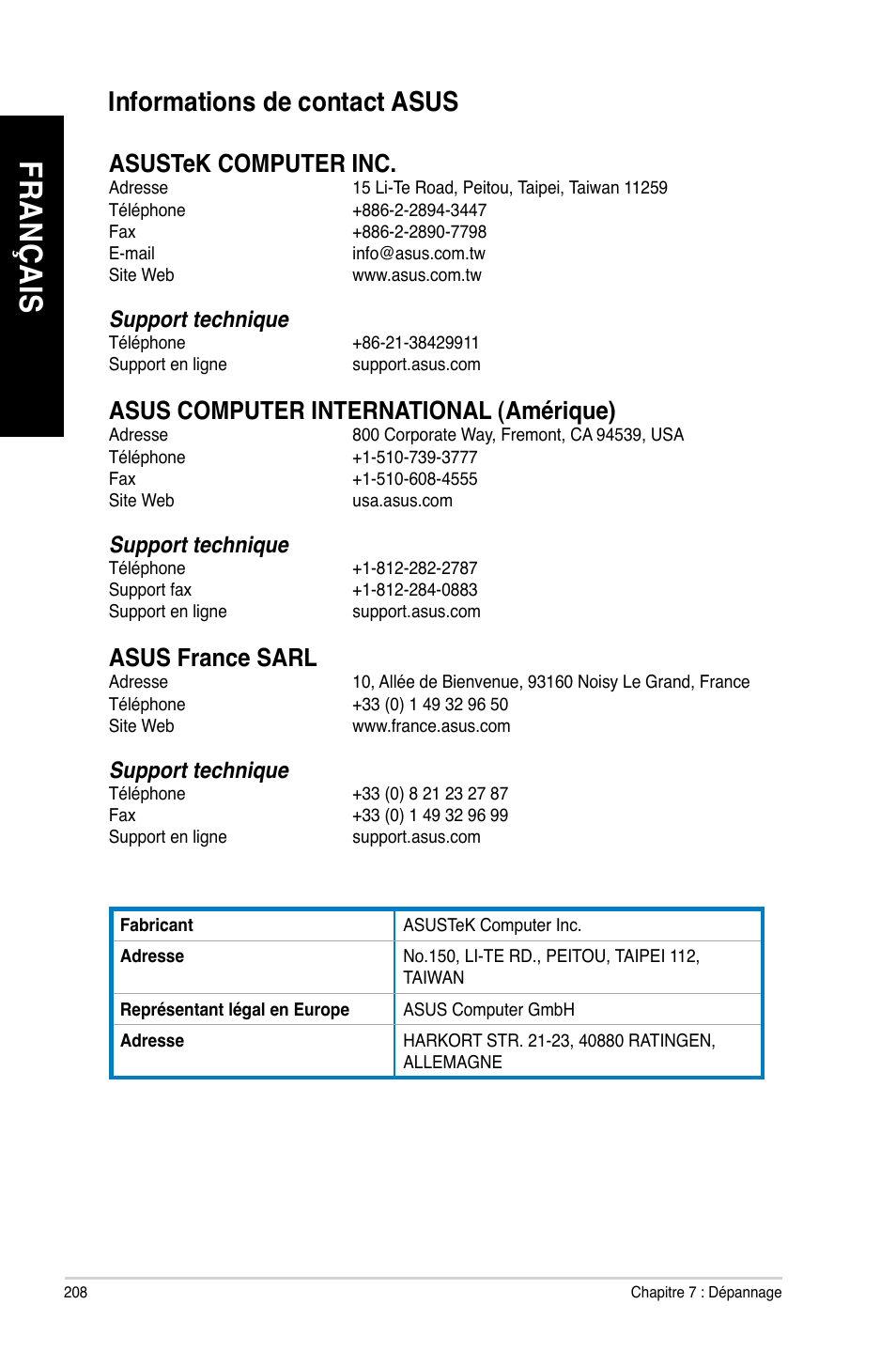 Informations de contact asus, Fr an ça is fr an ça is, Informations.de.contact.asus | Asus.france.sarl | Asus CM6340 User Manual | Page 210 / 562