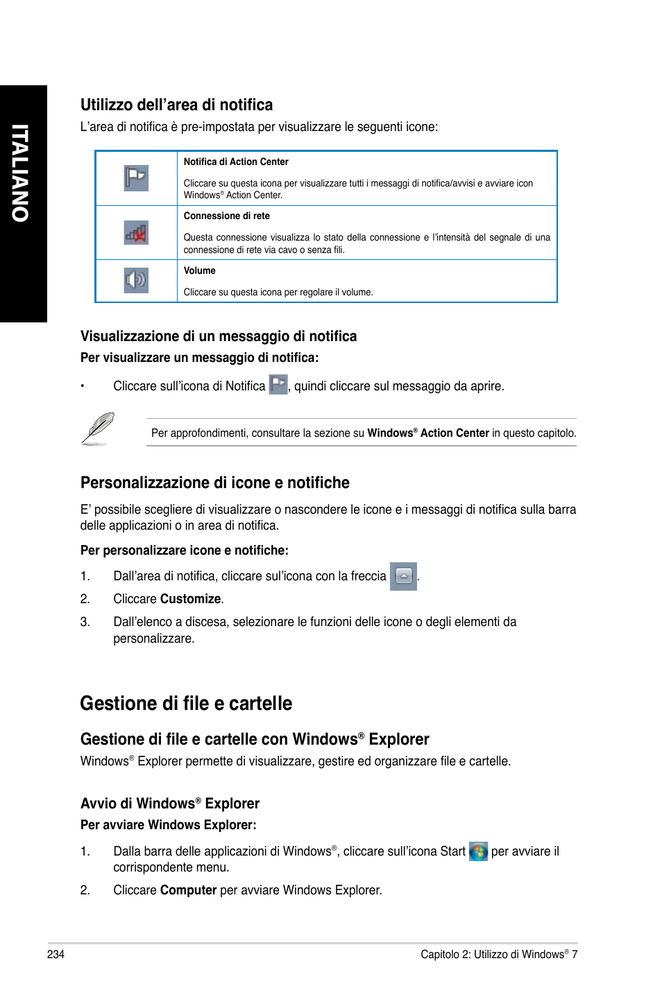 Gestione di file e cartelle, It aliano it aliano it aliano it aliano, Utilizzo dell’area di notifica | Personalizzazione di icone e notifiche, Gestione di file e cartelle con windows, Explorer | Asus CM6340 User Manual | Page 236 / 562